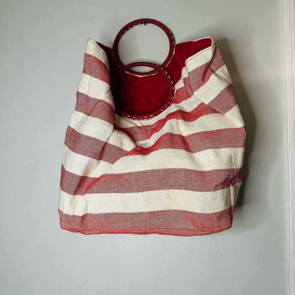 CRABTREE & EVELYN Red White Striped Wrapped Circular Handles Beach Tote Hand Bag